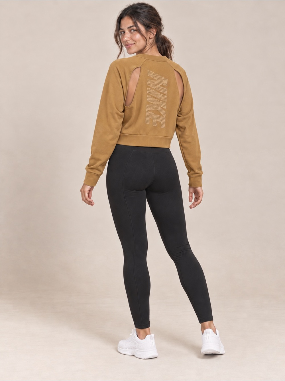 Nike Dri-FIT Open Back Cropped Sweatshirt Women M Brown Gold